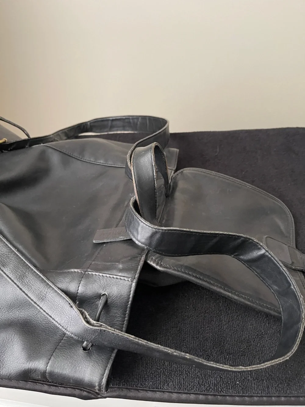 Coach Black Leather Drawstring Backpack with Front Zip Pocket